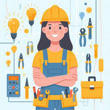 Female electrician in helmet and overalls with crossed arms standing near electrical panel with different tools. Girl in uniform and hardhat with instruments. Vector illustration in flat styleのイラスト素材