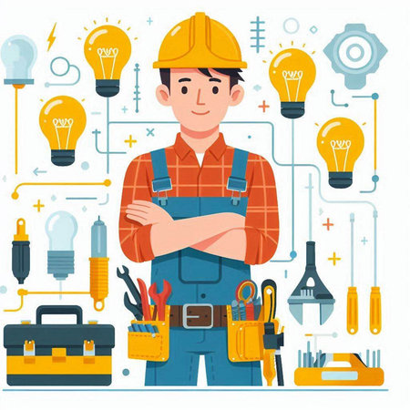 Electrician man in helmet and overalls with tools. Vector illustrationのイラスト素材