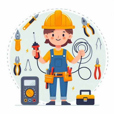 Cartoon electrician woman in helmet and work tools. Vector illustrationのイラスト素材