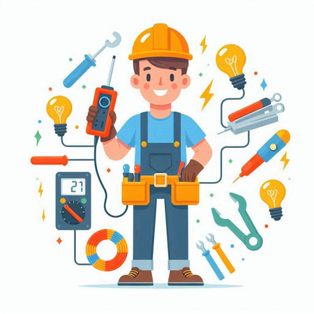 Electrician with tools. Vector illustration in flat cartoon style. Isolated on white background.のイラスト素材
