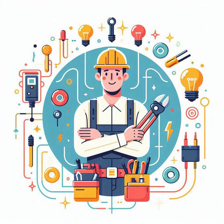 Electrician. Vector illustration in flat style. Engineer in helmet with tools.のイラスト素材
