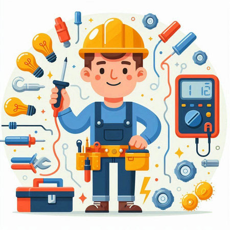 Repairman with tools. Vector illustration in flat cartoon style.のイラスト素材