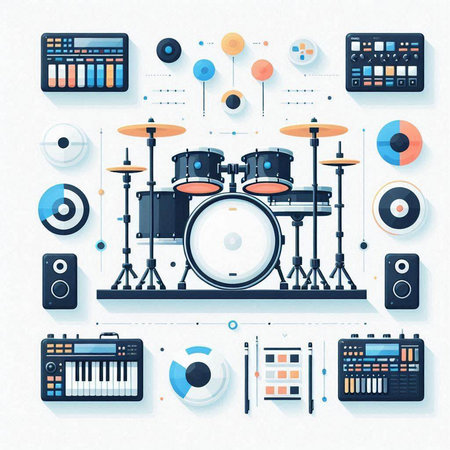 Drum kit with musical instruments. Music concept. Vector illustration.のイラスト素材