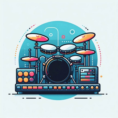 Colorful vector illustration of a drum kit on a blue background.のイラスト素材