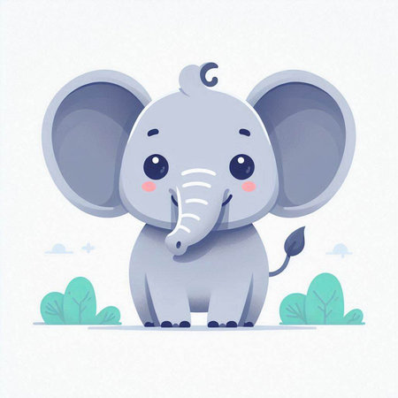 Cute elephant cartoon character vector illustration. Cute baby elephant with big eyes and tail.のイラスト素材