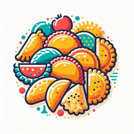 Illustration of a set of colorful pies with different fillings.のイラスト素材