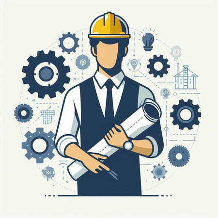 Engineer with blueprints in his hands. Flat design vector illustration.のイラスト素材