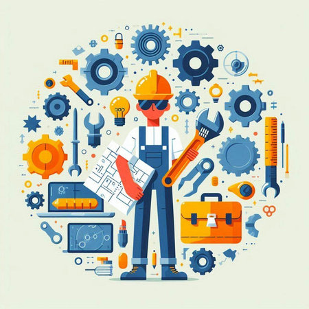 Repairman with tools in the circle. Vector illustration in flat styleのイラスト素材
