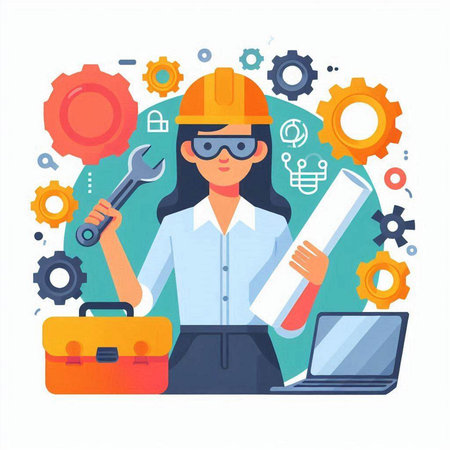 Female engineer with tools. Vector illustration in a flat style. Engineer concept.のイラスト素材