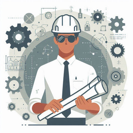 Engineer with blueprint. Vector illustration in a flat style. Engineer in a helmet and glasses.のイラスト素材