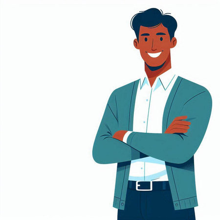 Portrait of a smiling businessman with crossed arms. Vector illustration.のイラスト素材