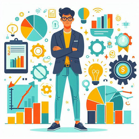 Businessman standing with his arms crossed. Vector illustration in flat styleのイラスト素材