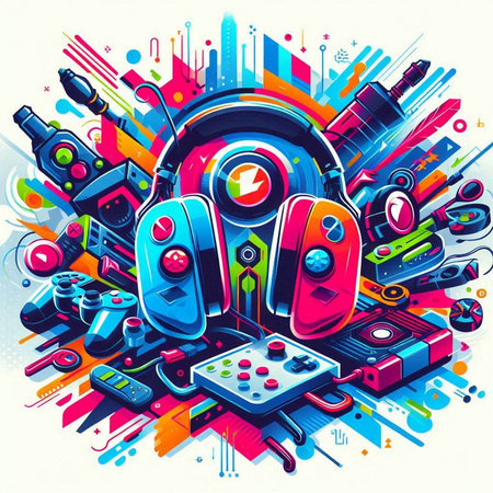 Vector illustration of a colorful music background with headphones and gamepadsのイラスト素材