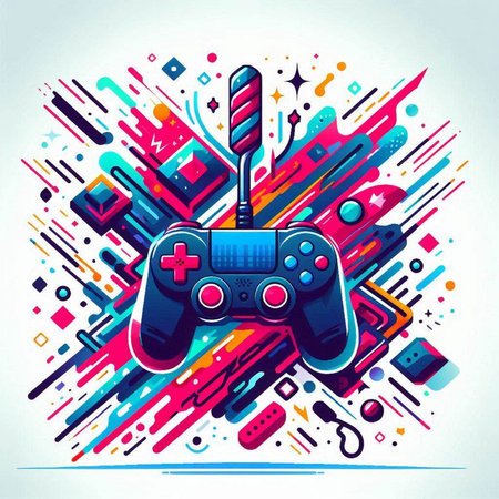 Retro style video game controller on colorful background. Vector illustration.のイラスト素材