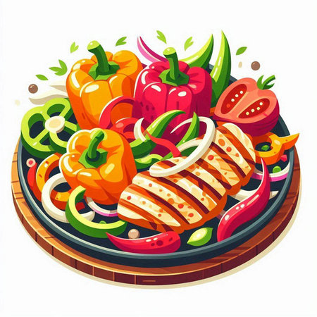 Illustration of a plate with vegetables and chicken. Vector illustration.のイラスト素材
