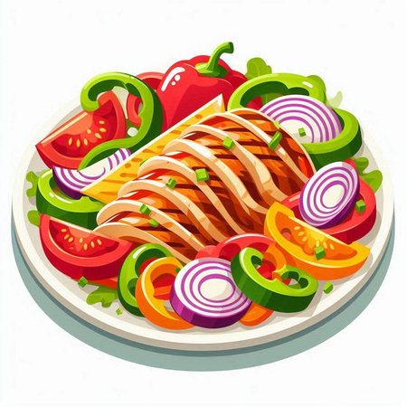 Salad with grilled chicken and vegetables on white background. Vector illustration.のイラスト素材