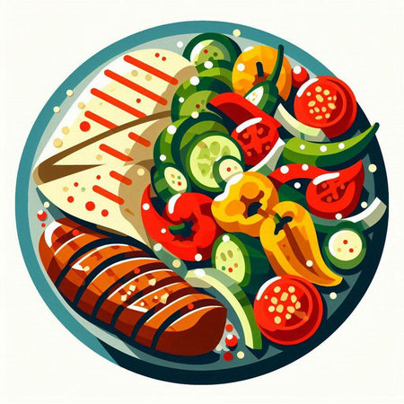 Illustration of grilled meat and vegetables on plate. Vector illustration.のイラスト素材