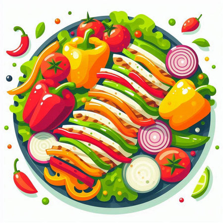 Salad with vegetables and meat in a plate. Vector illustration.のイラスト素材