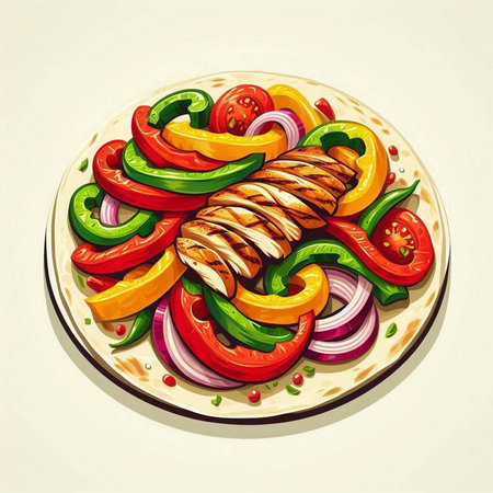 Salad with grilled chicken fillet and vegetables. Vector illustration.のイラスト素材