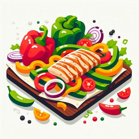 Illustration of a tortilla with grilled chicken and vegetables on a white backgroundのイラスト素材