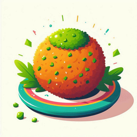 Illustration of an orange fruit on a colorful plate with green leavesのイラスト素材