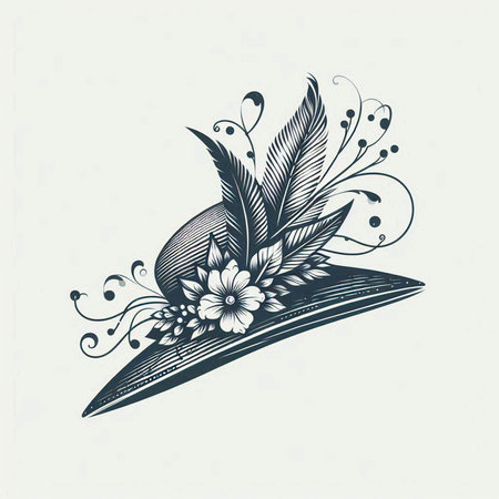 Illustration of a hat with feathers and flowers on a white backgroundのイラスト素材