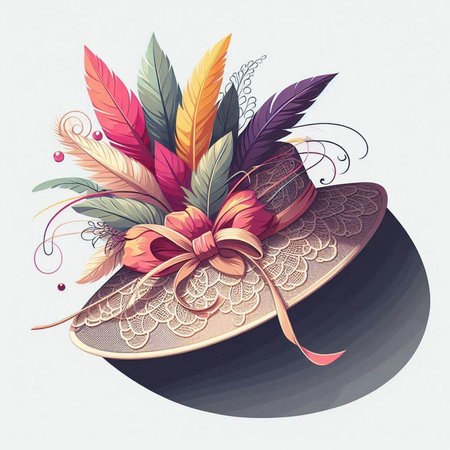 Vintage hat with feathers and bow on white background. Vector illustration.のイラスト素材