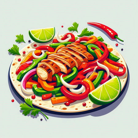 Vector illustration of grilled chicken fillet with vegetables on a plate.のイラスト素材