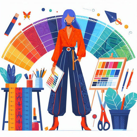 Fashion designer woman working in her studio. Vector illustration in flat styleのイラスト素材