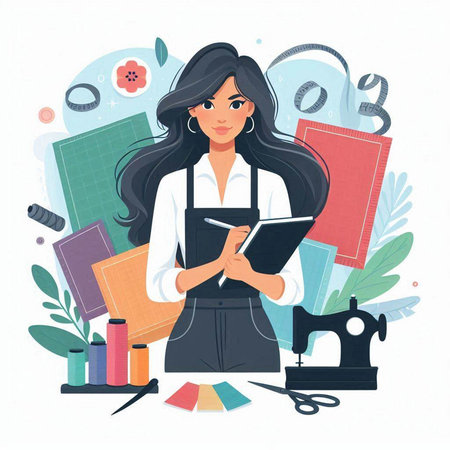 Vector illustration of a fashion designer woman with sketchbook and tools.のイラスト素材
