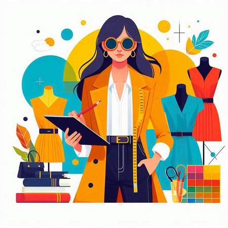 Fashion designer woman making notes in notebook. Vector illustration in flat styleのイラスト素材