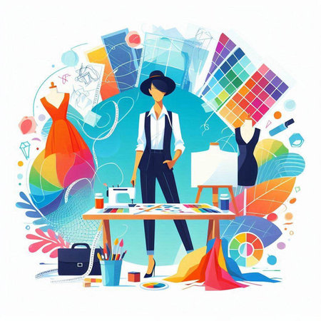 Vector illustration of fashion designer working at her workplace. Colorful background.のイラスト素材
