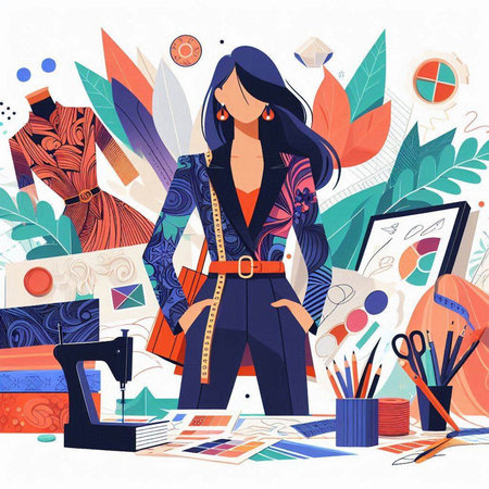 Fashion designer woman working at her workplace. Vector illustration in flat styleのイラスト素材