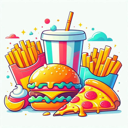 Fast food vector illustration. Hamburger, pizza, soda, french fries.のイラスト素材