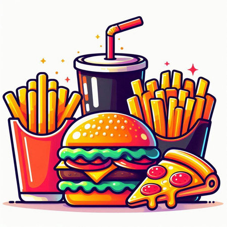 Fast food vector illustration. Burger, french fries, cola and hamburger.のイラスト素材