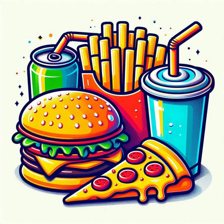 Fast food vector illustration. Hamburger, french fries and soda.のイラスト素材