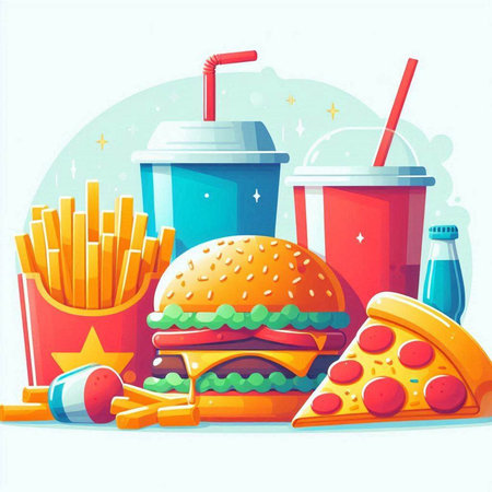 Fast food. Hamburger, french fries and soda. Vector illustrationのイラスト素材