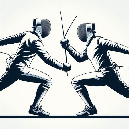 Fencing duel. Fencing duel on white background. Black and white illustrationのイラスト素材