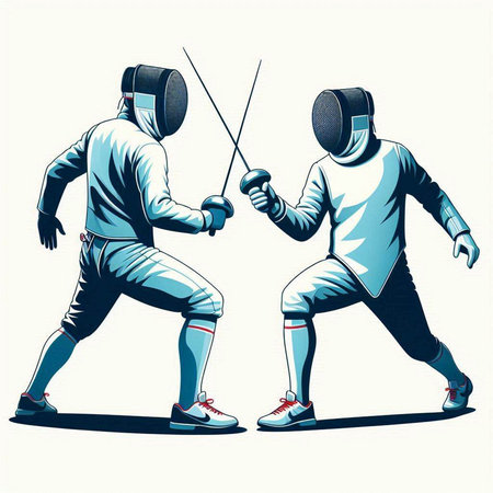 Fencing players in action. Vector illustration. Black and white.のイラスト素材
