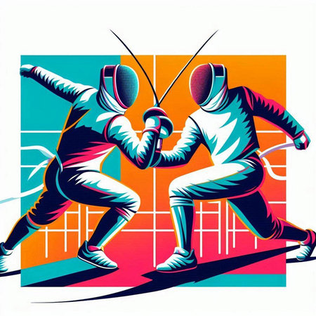 Fencing concept. Silhouettes of men wearing fencing costume and holding a sword.のイラスト素材