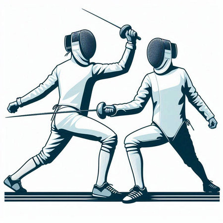 illustration of two fencers on white background with space for textのイラスト素材