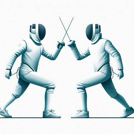 Fencing athletes. Two young men in fencing suits with swords.のイラスト素材
