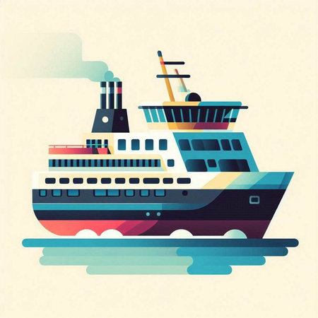 Cruise ship on the water. Vector illustration in flat style.のイラスト素材