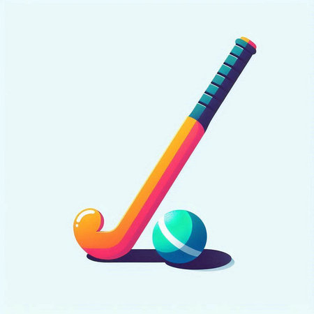 Hockey stick and ball on blue background. Vector illustration in cartoon style.のイラスト素材