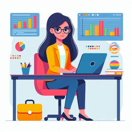 Young businesswoman sitting at desk and working on laptop. Vector illustration.のイラスト素材