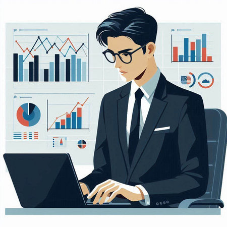 Vector illustration of a young businessman working on a laptop in the officeのイラスト素材
