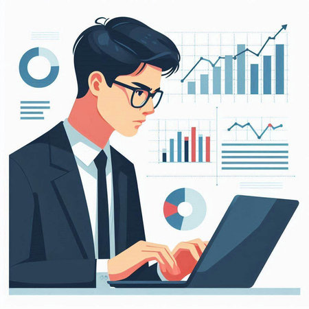 Businessman working on laptop computer. Vector illustration in flat style.のイラスト素材