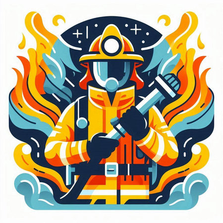 Firefighter in fire fighting suit. Vector illustration in flat style.のイラスト素材
