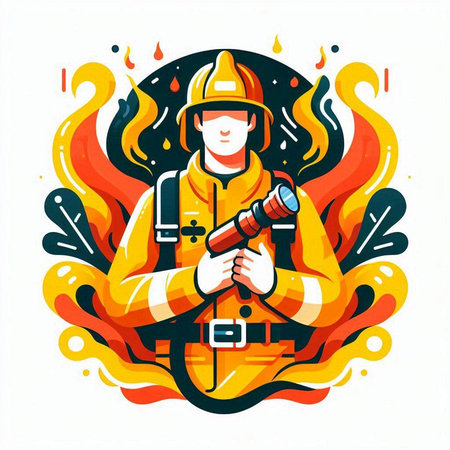 Firefighter with fire extinguisher. Vector illustration in flat style.のイラスト素材