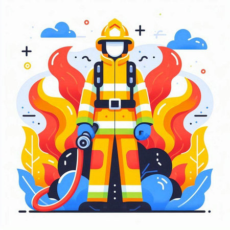 Firefighter in uniform with hose. Vector illustration in flat style.のイラスト素材